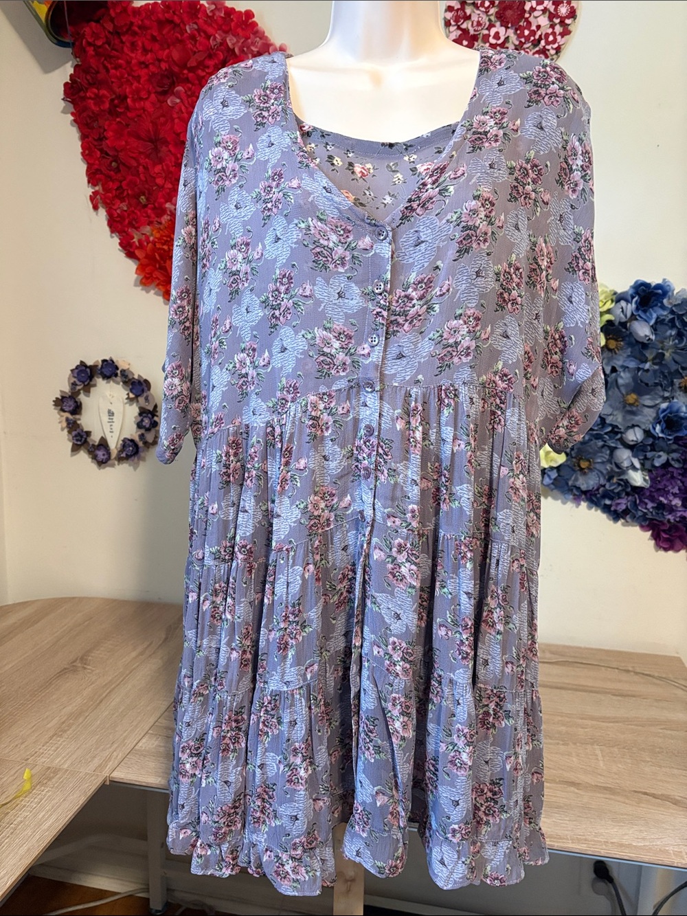 Vintage Nostalgia Lavender Floral Pattern Short Sleeve Mini Dress With Slip